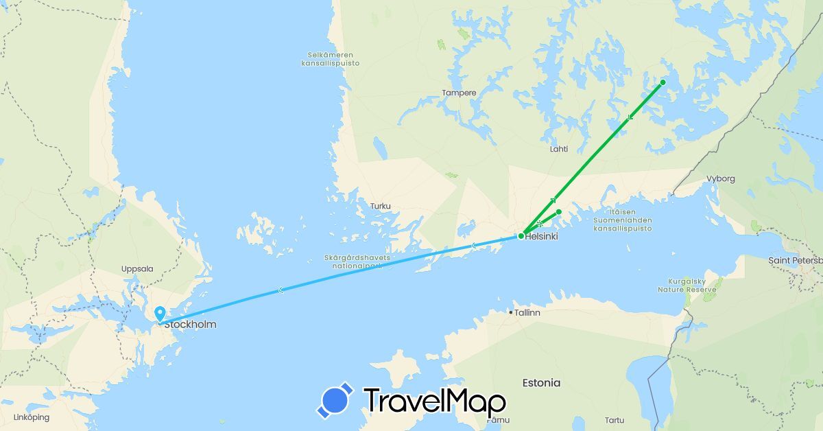 TravelMap itinerary: bus, plane, boat in Finland, Sweden (Europe)