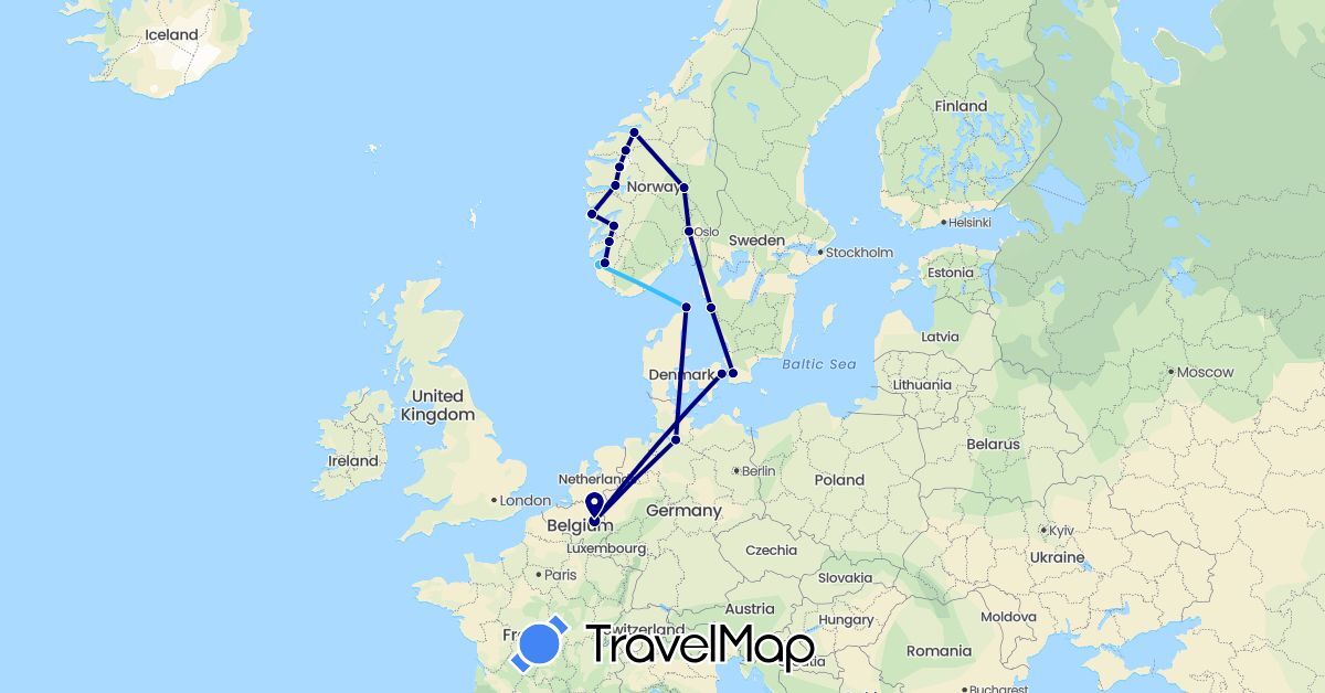 TravelMap itinerary: driving, boat in Belgium, Germany, Denmark, Norway, Sweden (Europe)