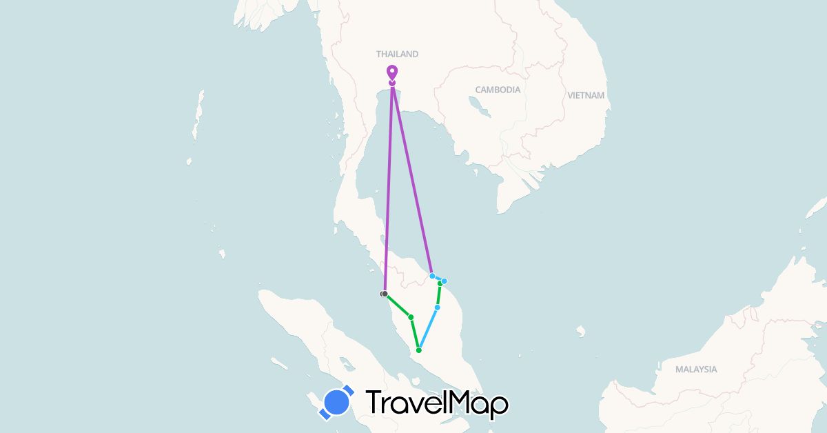 TravelMap itinerary: driving, bus, train, boat, motorbike in Malaysia, Thailand (Asia)